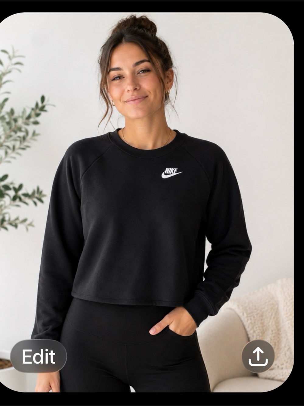 Nike Black Cropped Crew Sweatshirt with White Swoosh